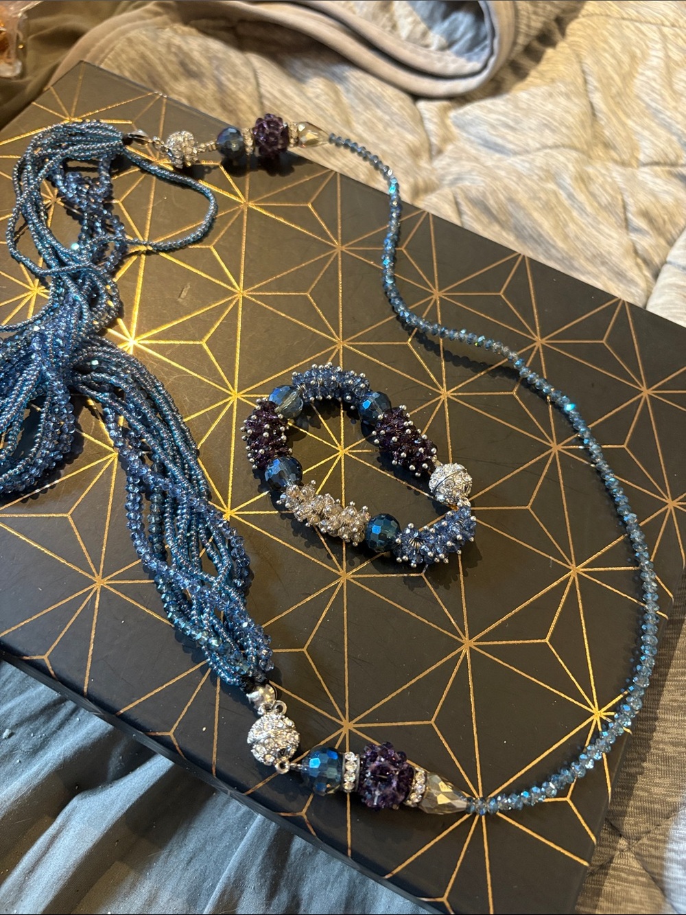 Handcrafted Blue Beaded Necklace and Bracelet Set